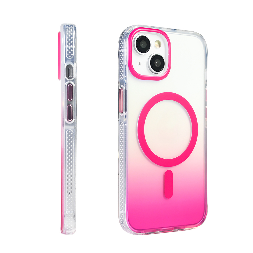 Pembe degradeye, pembe halkaya ve yatay çubuğa sahip şeffaf telefon kılıfı. Kılıfın yan görünümü.