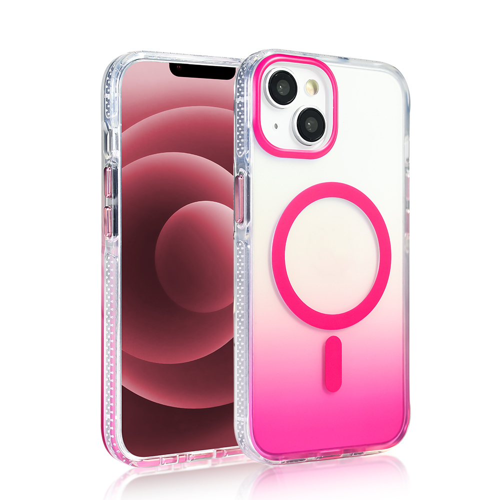 Şeffaf kılıflı iki iPhone. Kılıflar pembe degrade, pembe daire ve pembe dikdörtgen tasarıma sahiptir. Ekranın pembe bir arka planı vardır.