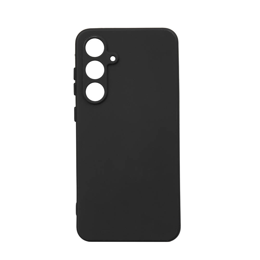 Üç dairesel kamera kesimi ve küçük bir nokta bulunan siyah bir telefon kılıfı. Kılıf, yuvarlak köşeli dikdörtgen şeklindedir.