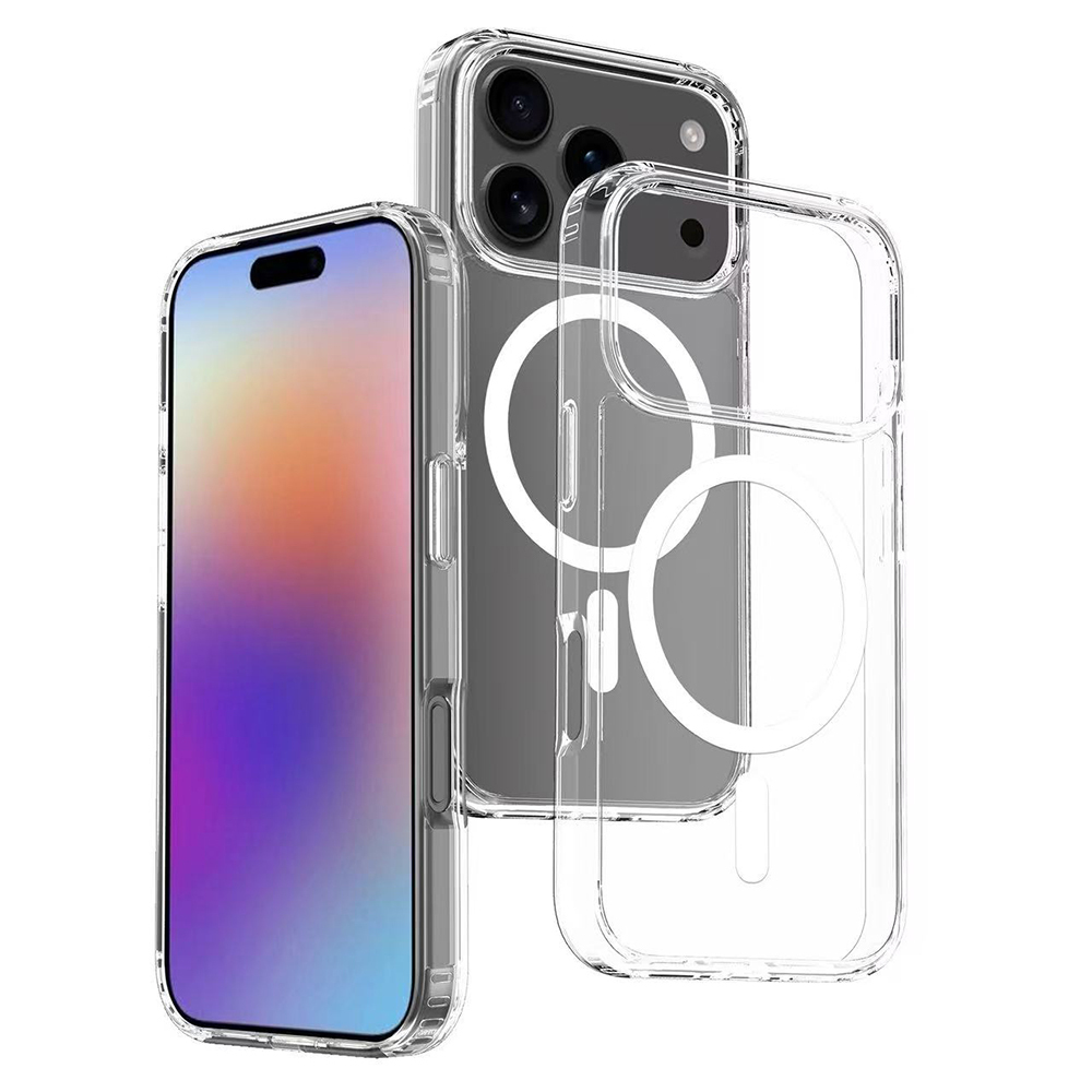 Şeffaf telefon kılıfları ve renkli ekranlı bir telefon sergileniyor. Kılıflar şeffaf, telefonun detaylarını gösteriyor.