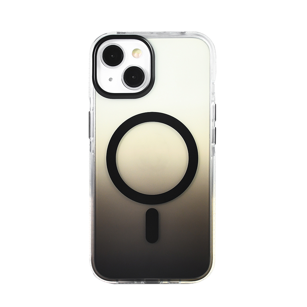 Siyah daire tasarımlı ve kamera çıkıntılı iPhone kılıfı. Kılıf, açık renkten koyuya doğru bir gradyan renge sahiptir.