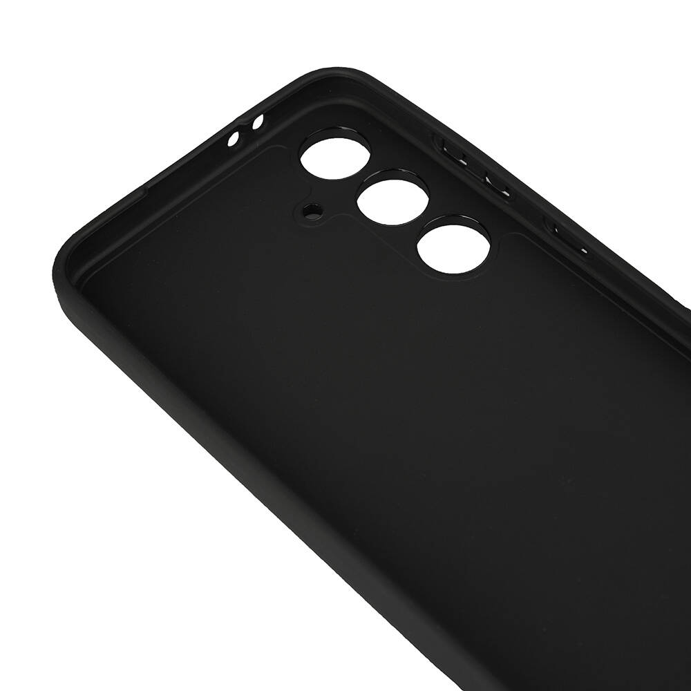 Kamera ve düğmeler için delikleri olan siyah bir telefon kılıfı. Kılıf, sağ üst köşeye doğru açılıdır.