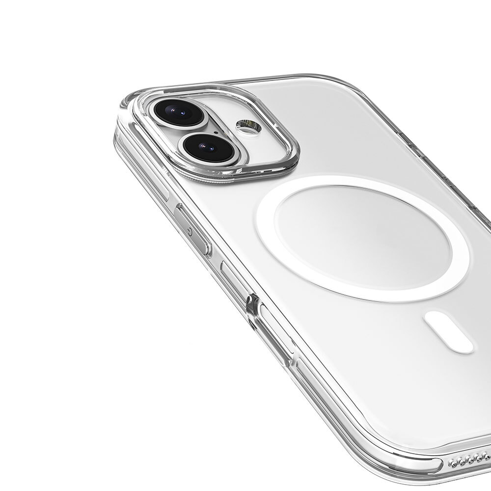 Kamera kesimi ve beyaz manyetik halkası olan şeffaf bir telefon kılıfı. Kılıf hafif açılı.