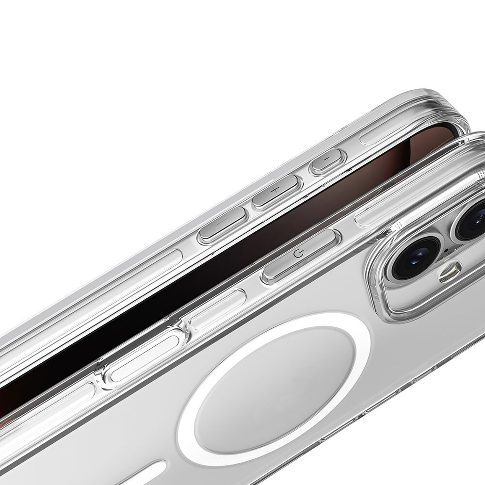Şeffaf telefon kılıfı detayı. Düğmeler, kamera ve beyaz dairesel MagSafe şarj cihazı görülebilir. Beyaz arka plan.