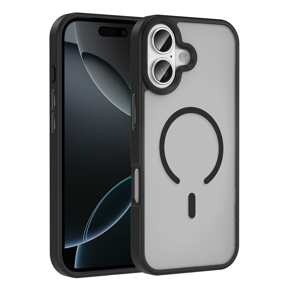 Siyah ve gri koruyucu kılıf içinde bir iPhone. Kılıfın dairesel tasarımlı şeffaf bir arka yüzü ve siyah bir çerçevesi var.