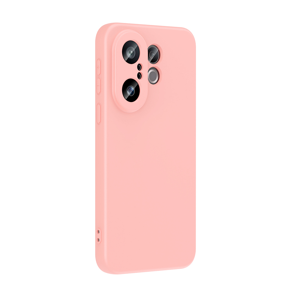 Çoklu kamera kesiklerine sahip pembe bir telefon kılıfı. Düğmeler ve bağlantı noktaları görünür. Arka plan beyazdır.
