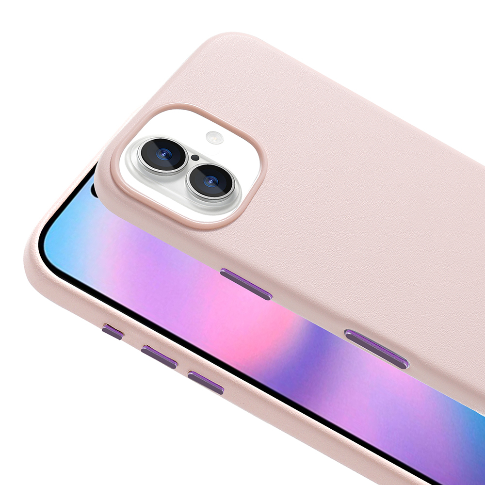 Kamera çıkıntısı olan açık pembe bir telefon kılıfı, kısmen bir telefon ekranını kaplıyor. Yan tarafta mor düğmeler görülebilir.