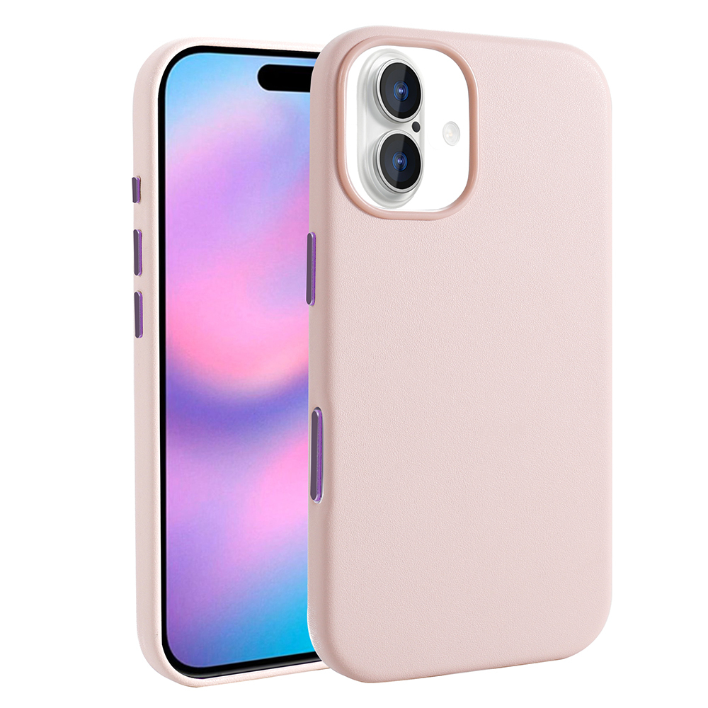 İçinde telefon bulunan pembe bir telefon kılıfı. Kılıfın mor düğmeleri ve bir kamera açıklığı var.