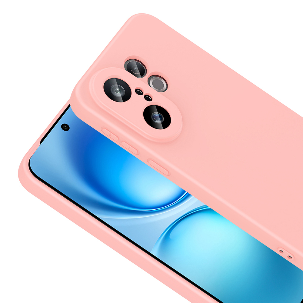 Arka tarafında birden fazla kamera lensi bulunan pembe telefon kılıfı. Kılıfın içinde mavi ve beyaz bir ekran görülüyor.
