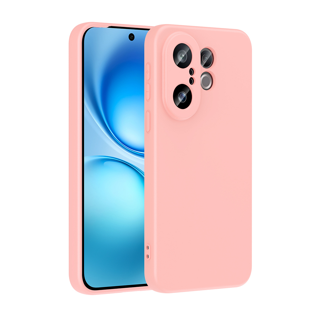 Pembe bir telefon kılıfı ve mavi-beyaz ekranlı bir telefon gösteriliyor. Kılıfın üç kamera deliği ve ses düğmeleri var.