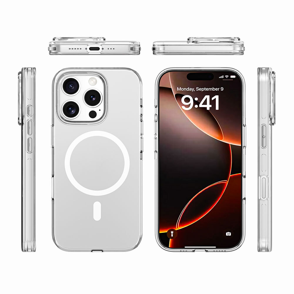 Tarih ve saati gösteren ekranlı şeffaf iPhone kılıfı. Kılıfın çoklu görünümleri görüntüleniyor.