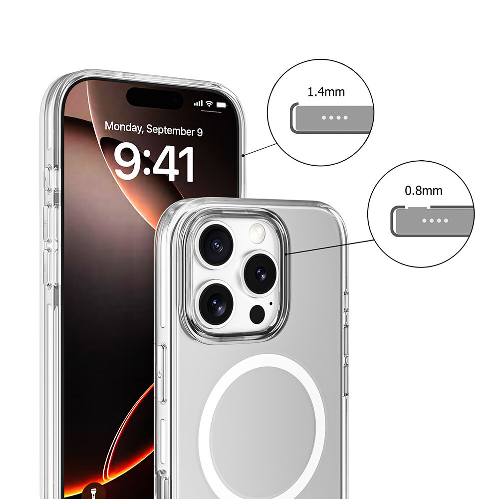 Bir iPhone üzerinde şeffaf bir telefon kılıfı. Detaylar, kılıf kalınlığını ve telefon ekranını gösterir.
