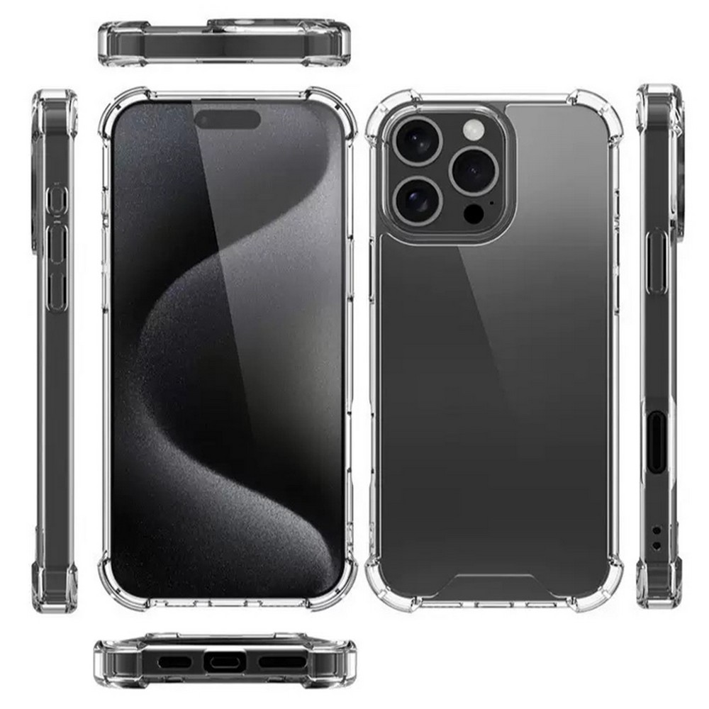 Siyah ekranlı ve kamerası görünen şeffaf telefon kılıfı. Kılıfın farklı açılardan görüntüleri gösteriliyor.