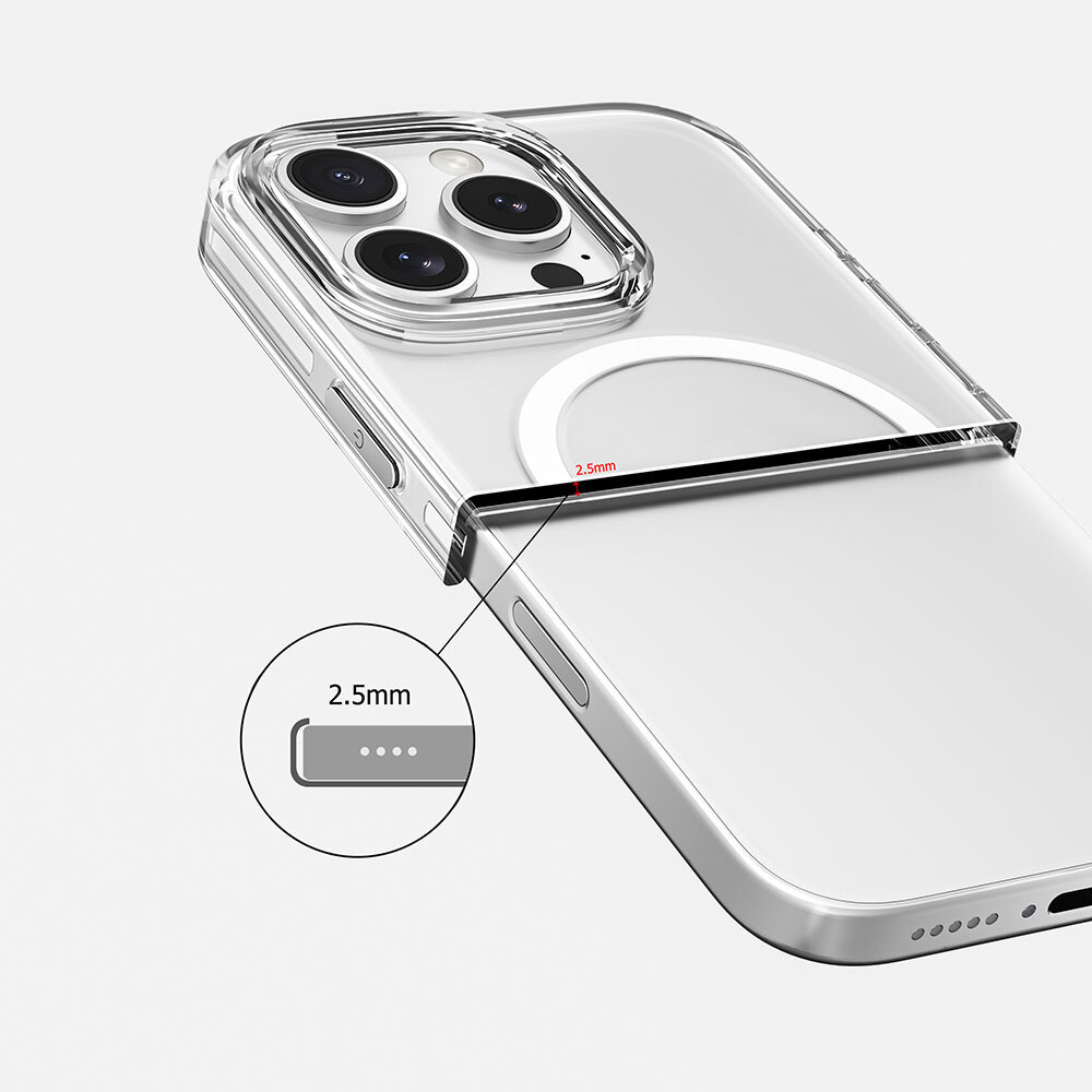 Arka tarafında kamera kesimi ve beyaz manyetik halka bulunan şeffaf bir telefon kılıfı. Yakın çekim, kasanın 2,5 mm kalınlığını gösterir.