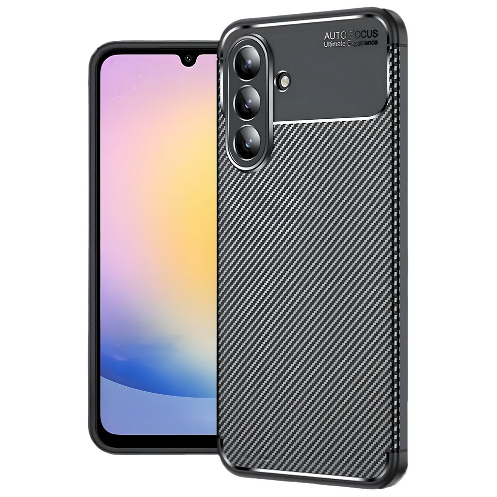 Karbon fiber kılıf içinde bir akıllı telefon sergileniyor. Ekran renkli geçişler gösteriyor. Kılıf üç kameraya ve 'AUTO FOCUS' yazısına sahip.