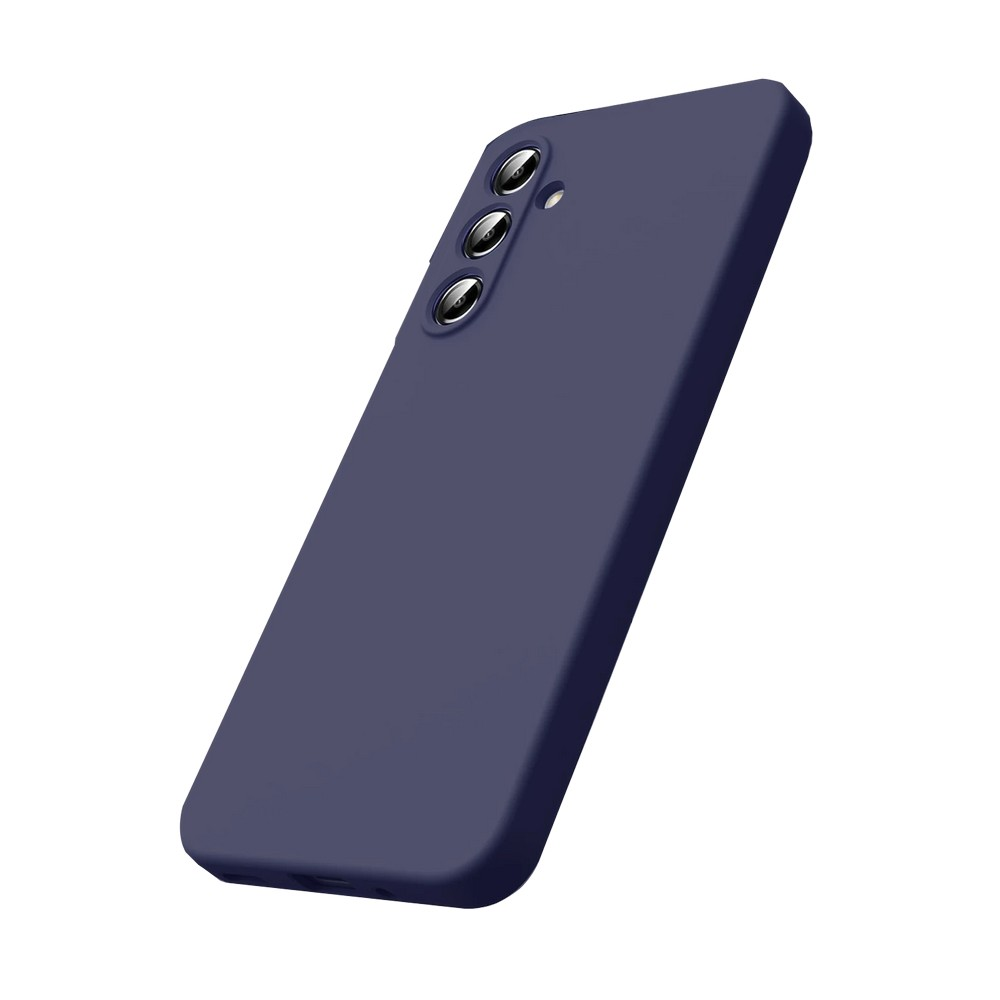 Lacivert bir telefon kılıfı, hafif açılı, üç adet kamera lensi görünüyor. Arka plan beyaz.