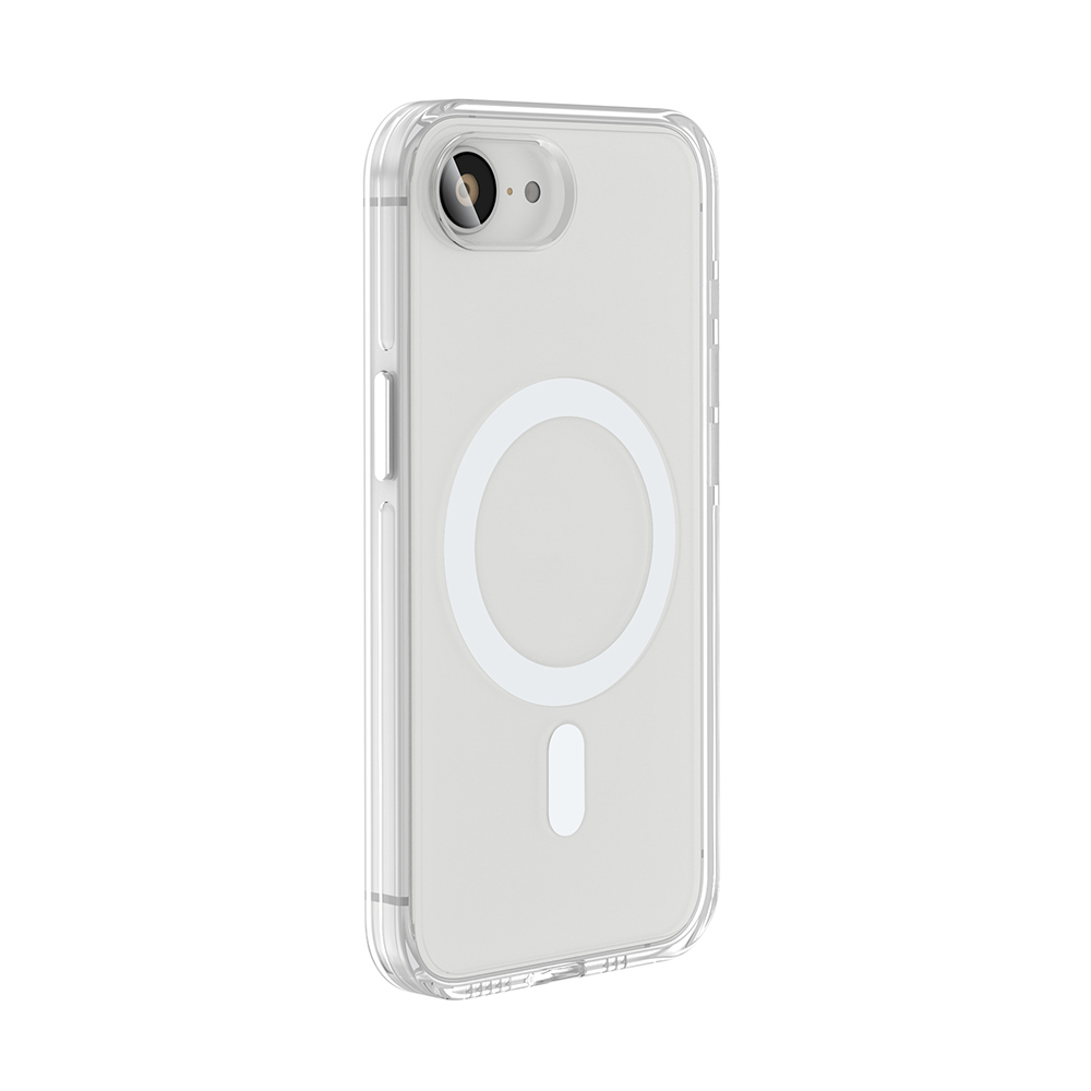 Arkasında beyaz bir daire ve çubuk bulunan şeffaf bir telefon kılıfı. Telefondan kamera ve flaş var. Arka plan beyazdır.