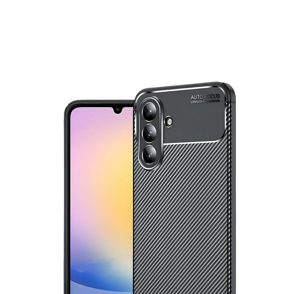Dokulu bir arka kapağa sahip bir akıllı telefon görüntüleniyor. Kapak, desenli siyah renktedir. Telefonun ekranı görülebilir.
