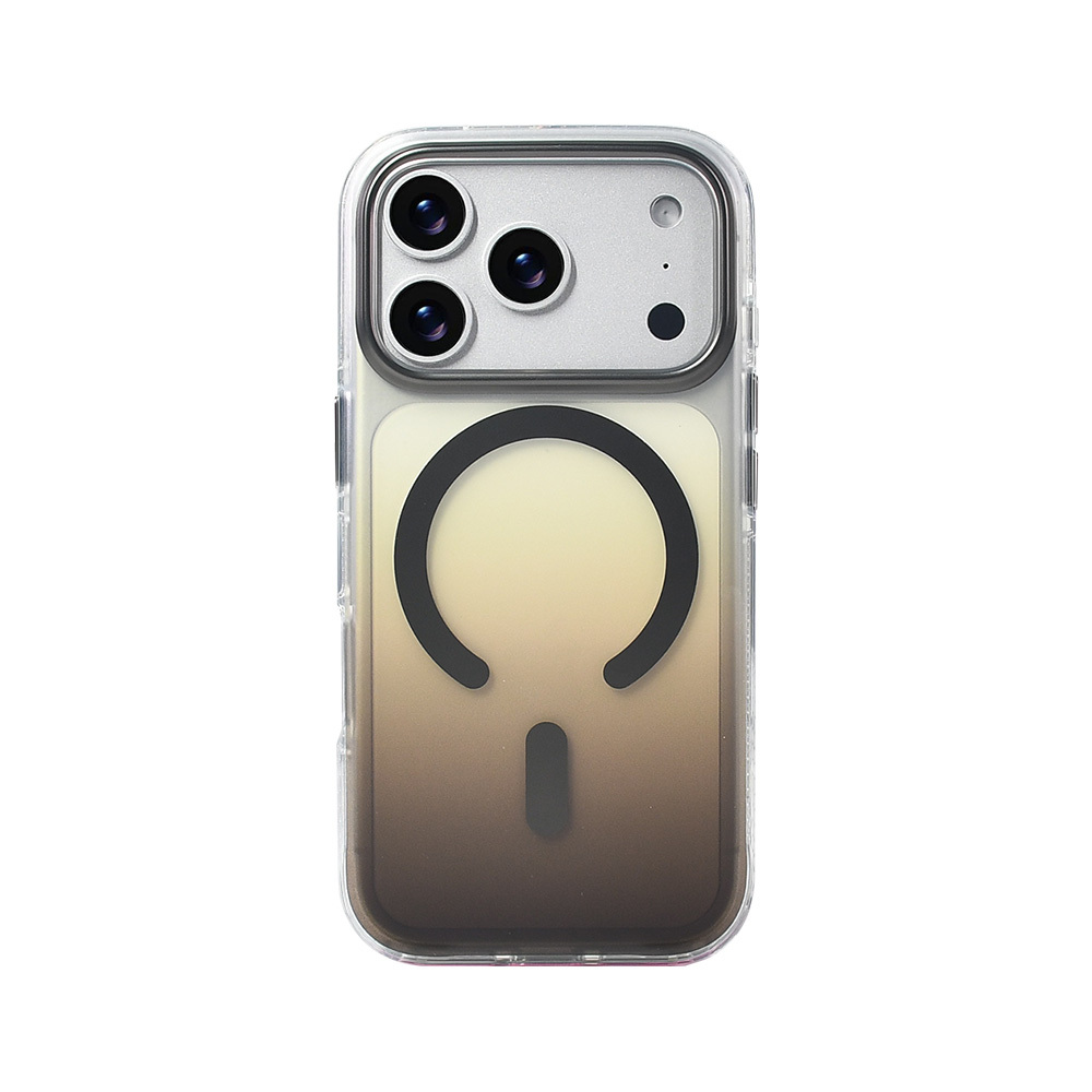 Şeffaf bir kılıf içinde iPhone. Kılıf, renk geçişine, siyah bir halkaya ve küçük bir siyah çubuğa sahiptir. Üç kamerası var.