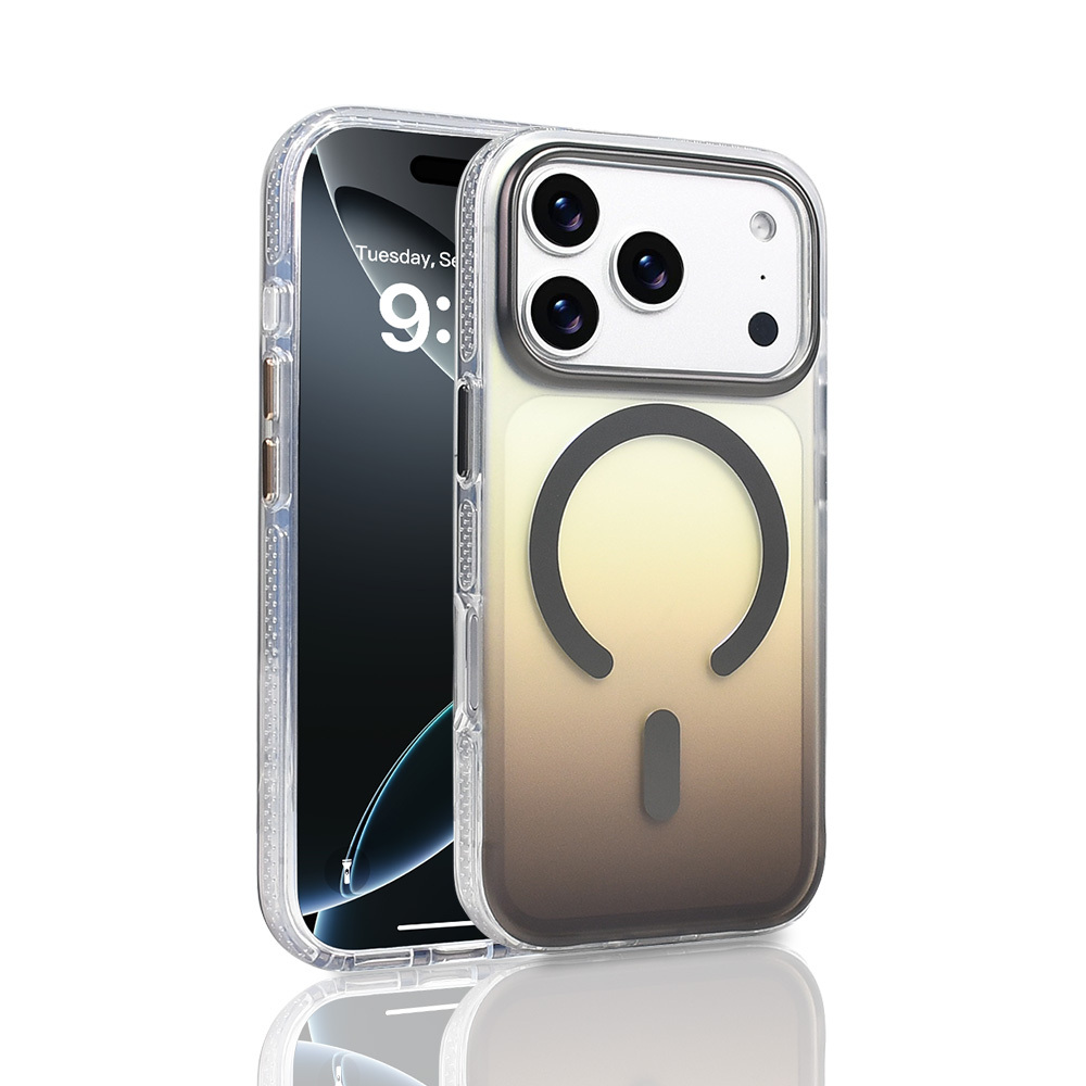 Gradyan tasarımlı şeffaf kılıflı bir iPhone. Telefonda saat ve tarih görüntüleniyor. Kılıf dairesel bir tasarıma sahip.