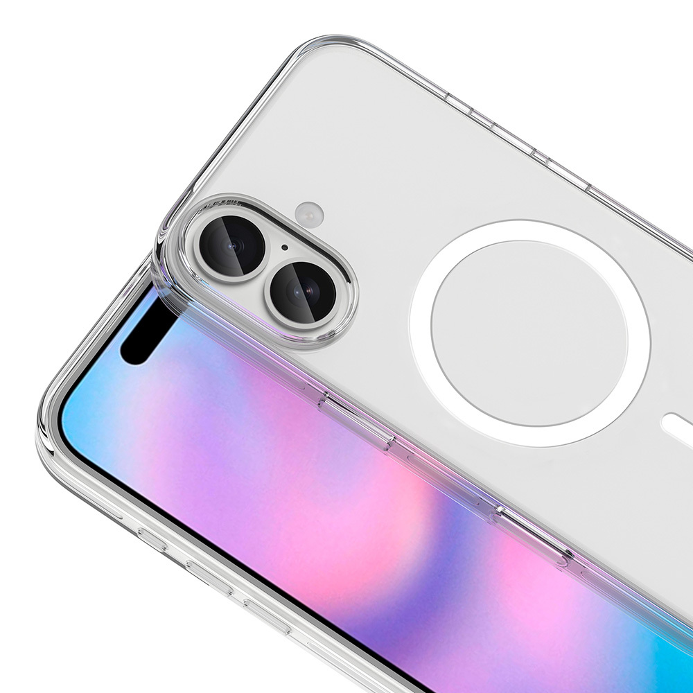 Akıllı telefonda şeffaf bir telefon kılıfı. Telefonun ekranı pembe ve mavi gradyan renkleri gösteriyor. Kılıfın kamera kesimi var.
