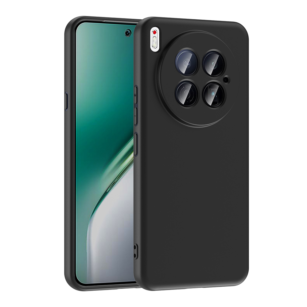 Çoklu kamera lensli siyah telefon kılıfı. Ekran yeşil ve beyaz bir gradyan görüntülüyor.