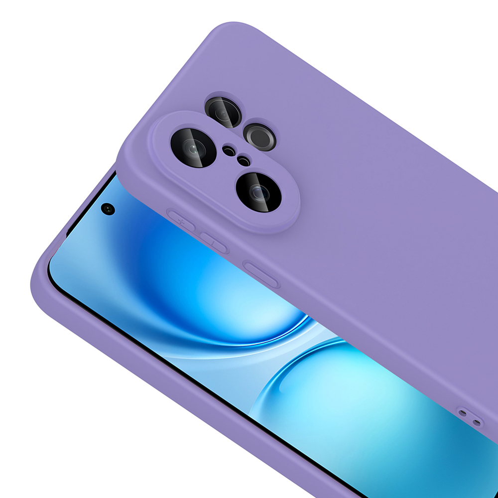 Bir lavanta renkli telefon kılıfı, mavi ve beyaz arka planlı bir telefon ekranını kısmen kaplar. Kılıf, kamera açıklıklarına ve düğmelere sahiptir.