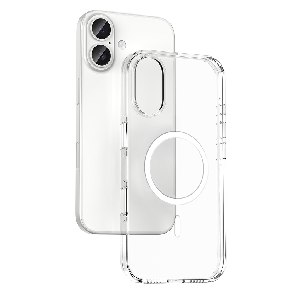 Şeffaf bir telefon kılıfı ve beyaz bir iPhone gösteriliyor. Kılıf şeffaf olup telefonun arkasını ve iki kamerayı gösteriyor.