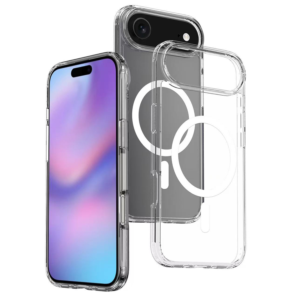 Bir telefonla birlikte üç şeffaf telefon kılıfı. Bir kılıf açık. Telefonun ekranı görünür, mor ve pembe bir gradyan gösterir.