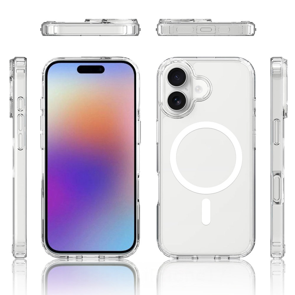 iPhone ile şeffaf telefon kılıfı. Üst, yan ve arka görünümleri içerir. Ekran, renkli soyut bir görüntü gösterir.