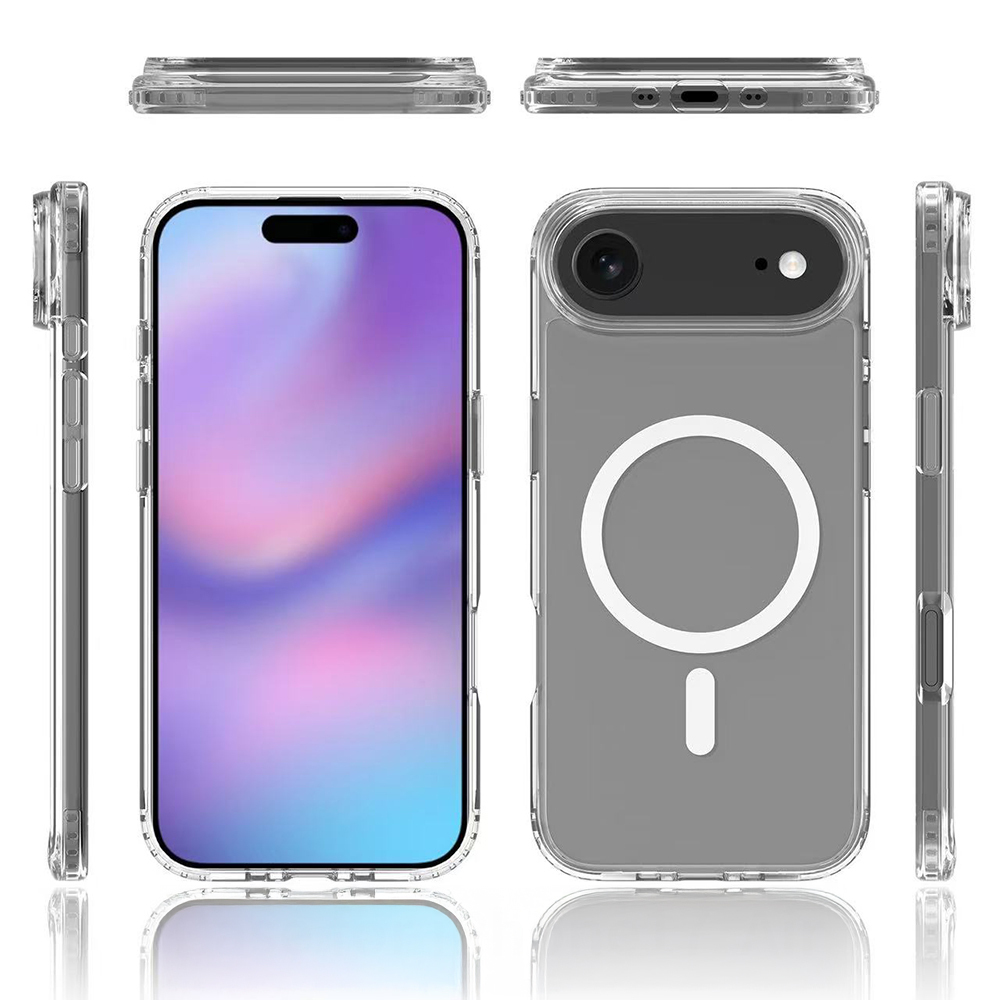 Farklı açılardan gösterilen şeffaf telefon kılıfı. Telefonun renkli bir ekranı var. Kılıfta beyaz bir daire ve çizgi var.