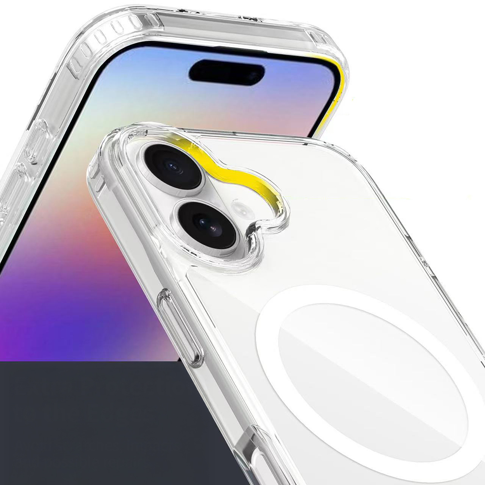 Sarı detaylı şeffaf telefon kılıfı, kısmen bir telefonu kaplıyor. Ekranda renk geçişi var.