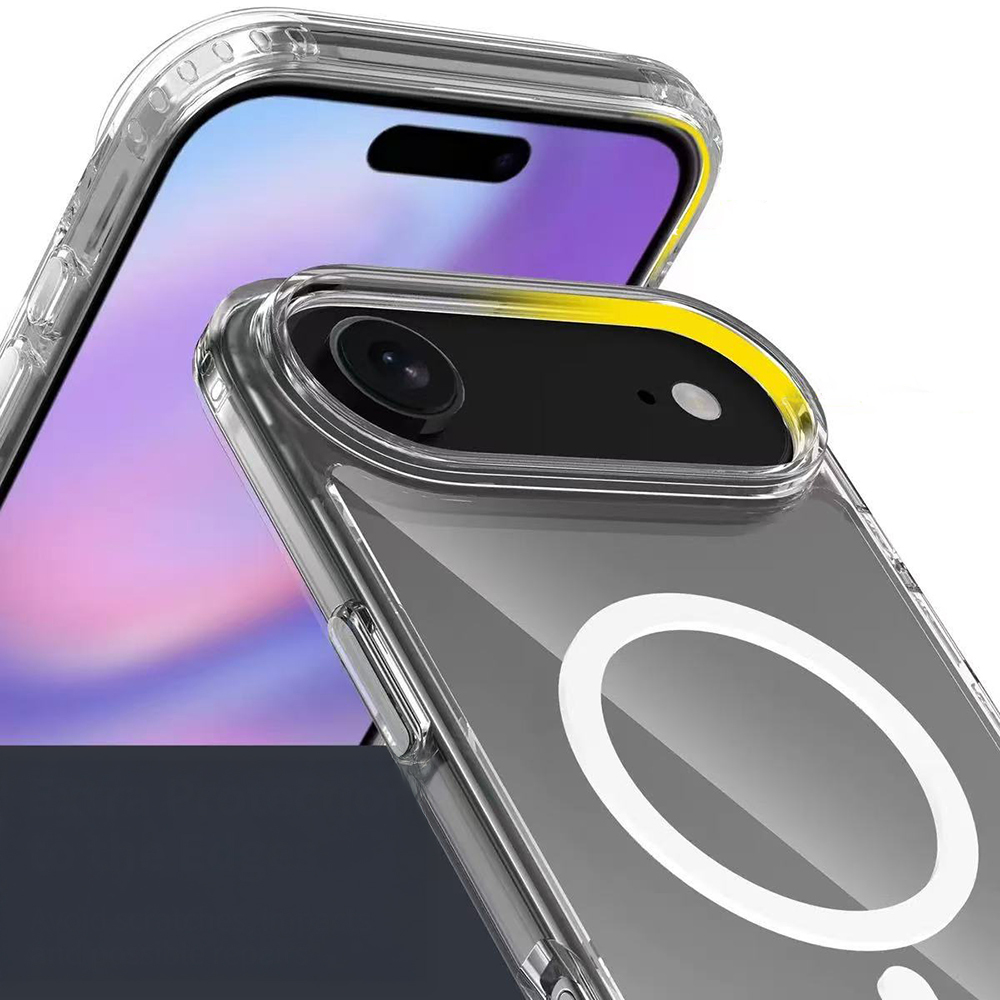 İçinde bir telefon bulunan şeffaf telefon kılıfı. Kılıfın arkasında beyaz bir daire var. Telefon ekranı mor.