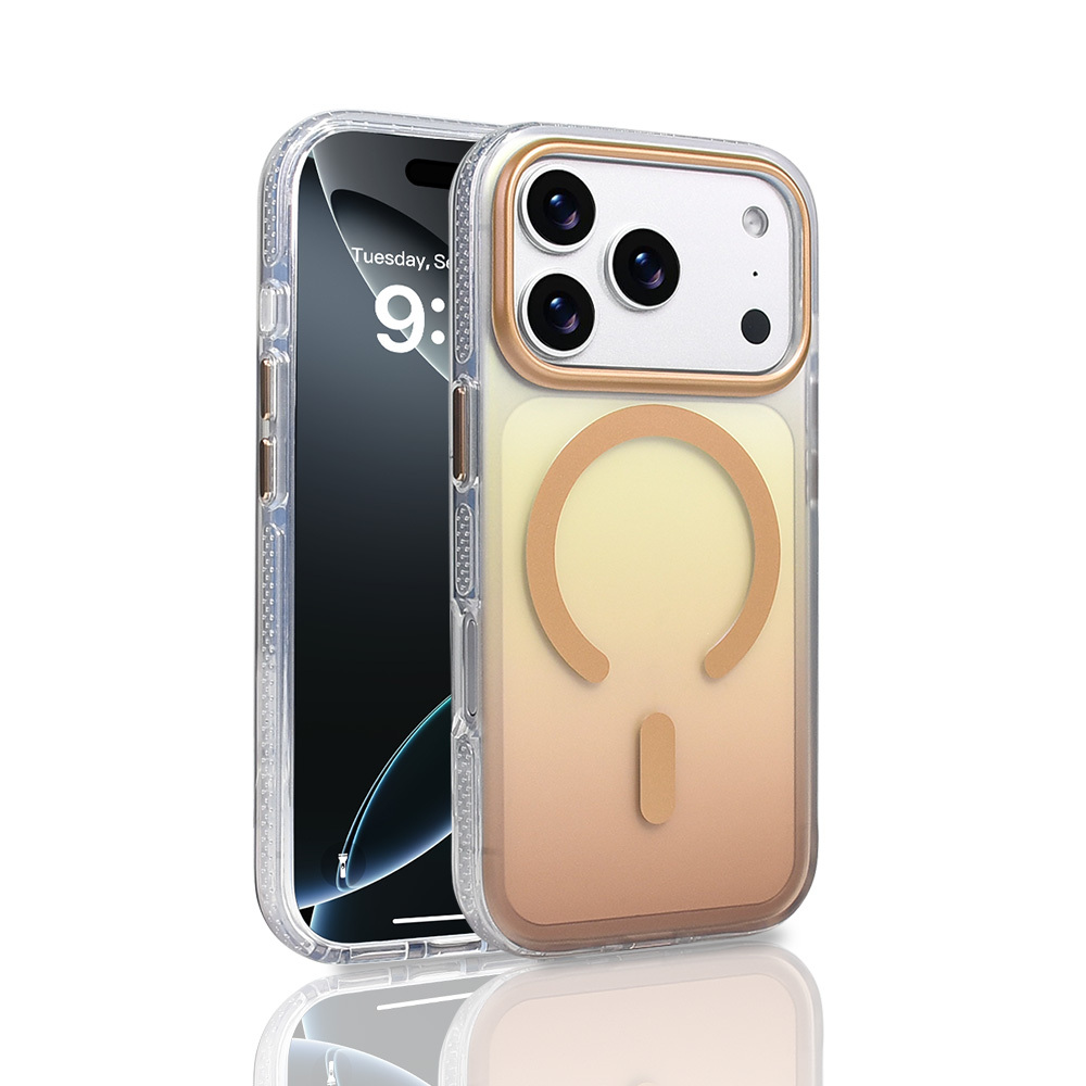 Şeffaf kılıflı bir iPhone. Kılıfın altın detayları ve degrade tasarımı var. Telefon saati 9:00 olarak gösteriyor.