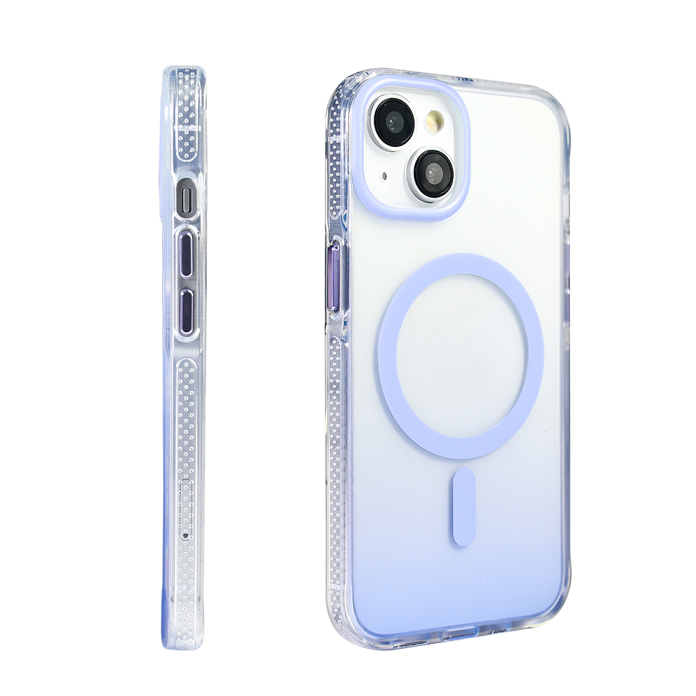 Mavi gradyanlı şeffaf telefon kılıfı, arkasında açık mavi bir daire ve dikey bir çubuk var.