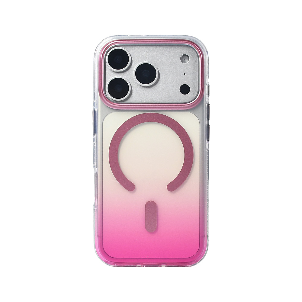 Pembe ve beyaz geçişli bir telefon kılıfı. Kamera kesimi ve manyetik bir daire tasarımına sahiptir.