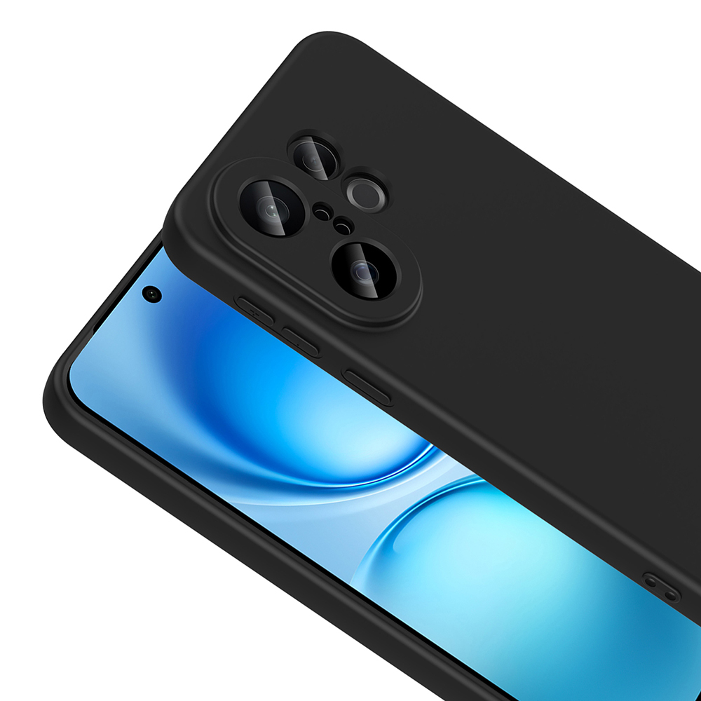 Siyah bir telefon kılıfı, mavi gradyan ekranlı bir telefonu kısmen kaplar. Kılıfta kamera lensleri ve düğmeler bulunur.