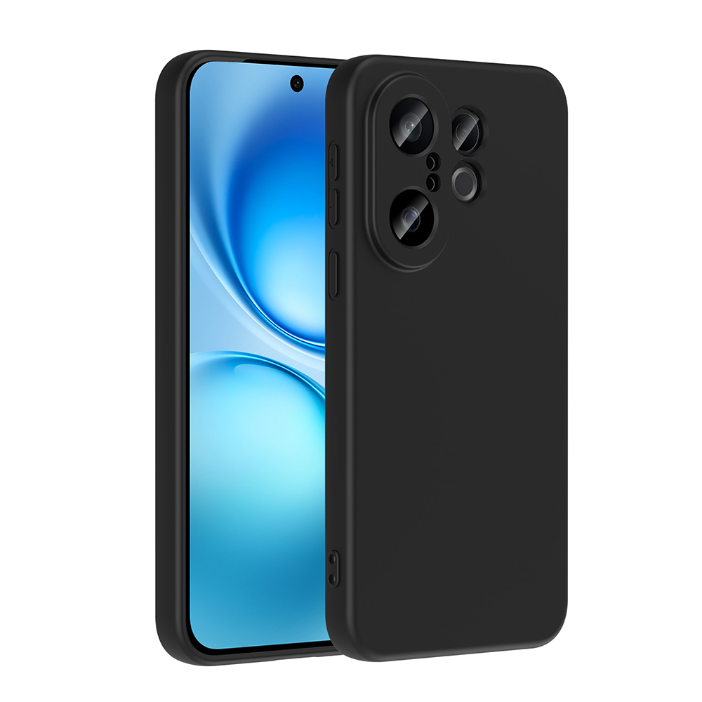 Siyah bir telefon, siyah bir kılıfla, mavi ve beyaz arka planlı ekranı gösteriyor. Kılıfta üç kamera merceği var.