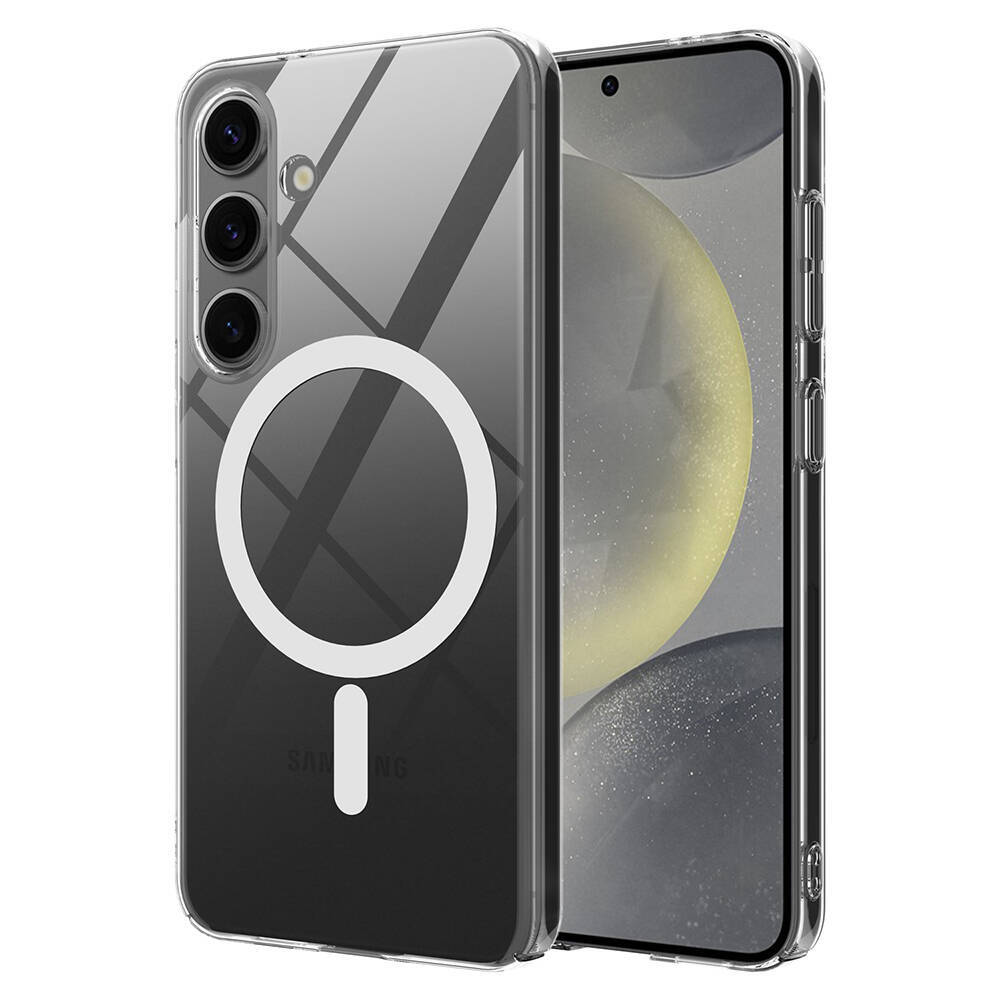 Beyaz MagSafe halkalı ve içinde telefon bulunan şeffaf bir telefon kılıfı. Kılıf, telefonun kamerasını ve ekranını gösterir.