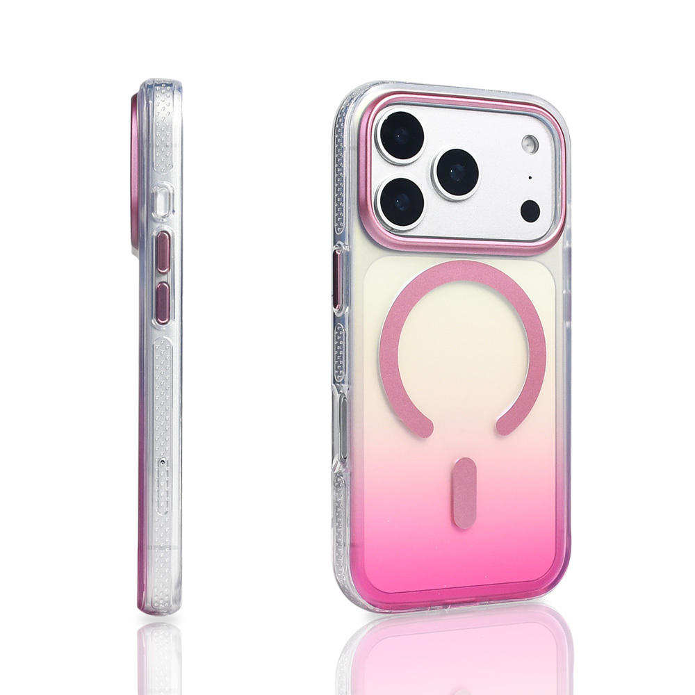 İki iPhone kılıfı. Bir yan görünüm, bir ön görünüm. Pembe detaylı şeffaf kılıf ve arkada pembe gradyan.