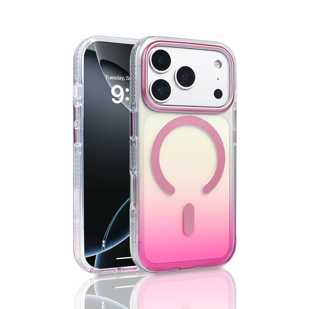 Pembe ve şeffaf bir kılıfa sahip bir iPhone. Kılıfın degrade efekti var. Telefonun ekranında saat ve tarih görüntüleniyor.