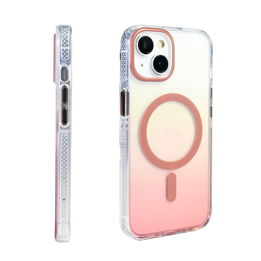 Pembe degrade ve pembe dairesel tasarımlı şeffaf iPhone kılıfı. Kılıf beyaz bir arka plan üzerinde.