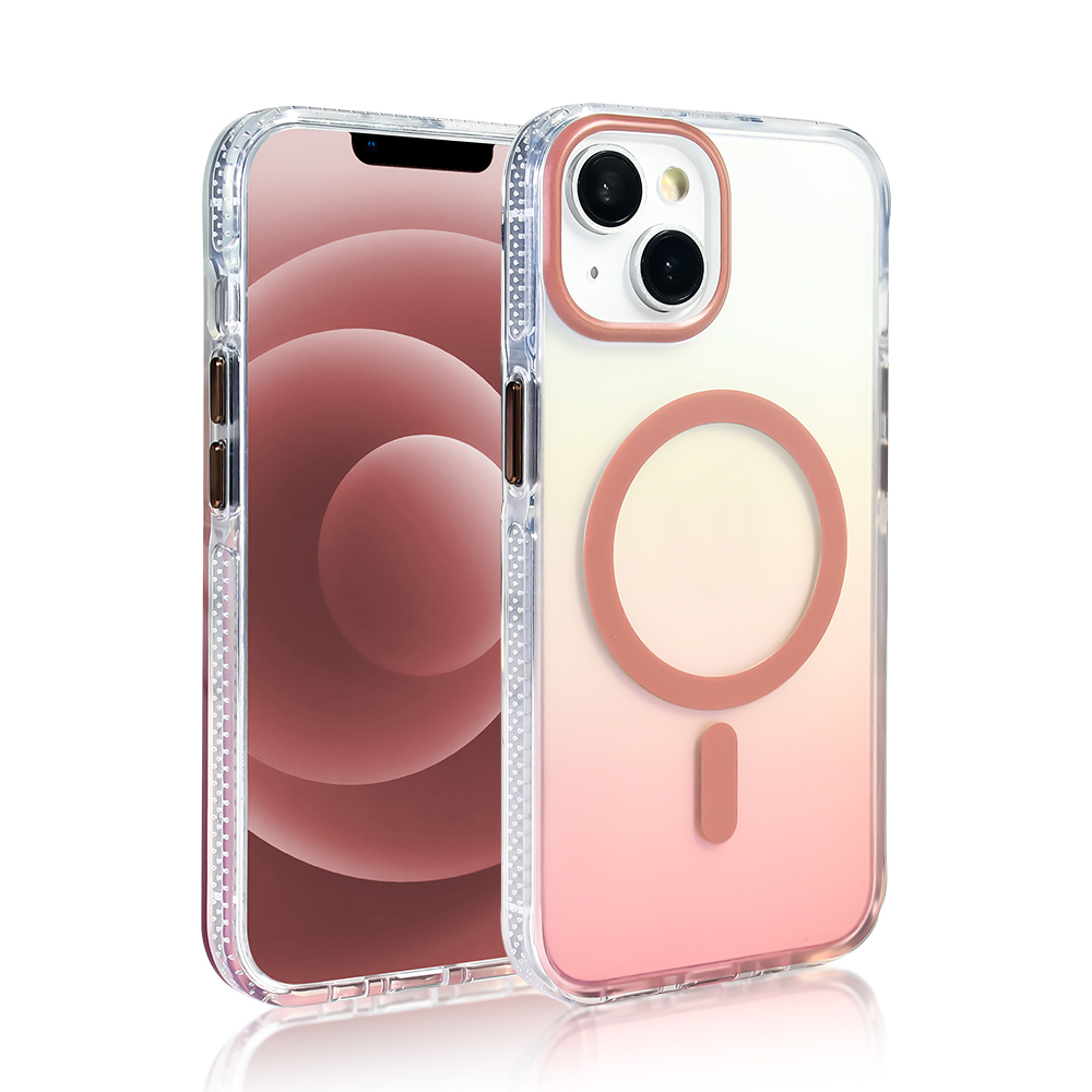 Arka tarafında pembe ve beyaz renk geçişi olan iki şeffaf telefon kılıfı. Bir kılıfın içinde telefon var. Her ikisinde de pembe bir halka ve çubuk var.