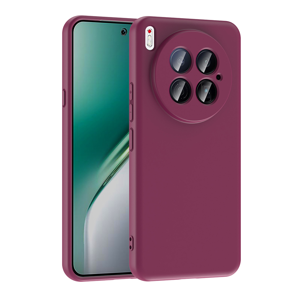İçinde bir telefon bulunan bordo renkli bir telefon kılıfı. Kılıfın, dört lensli dairesel bir kamera çıkıntısı var. Telefonun ekranı görünür.
