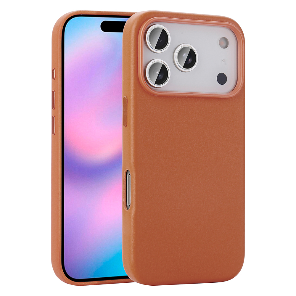 İçinde bir telefon bulunan kahverengi bir telefon kılıfı. Kılıfın kamera açıklıkları ve düğmeleri var. Ekran pembe ve mor bir geçişe sahip.