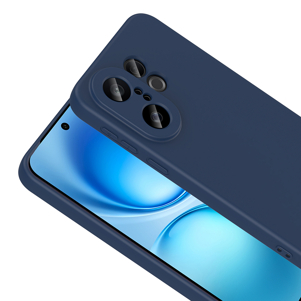 Lacivert bir telefon kılıfı, mavi gradyan arka plana sahip bir telefon ekranının üzerinde duruyor. Kılıfta kamera kesikleri var.