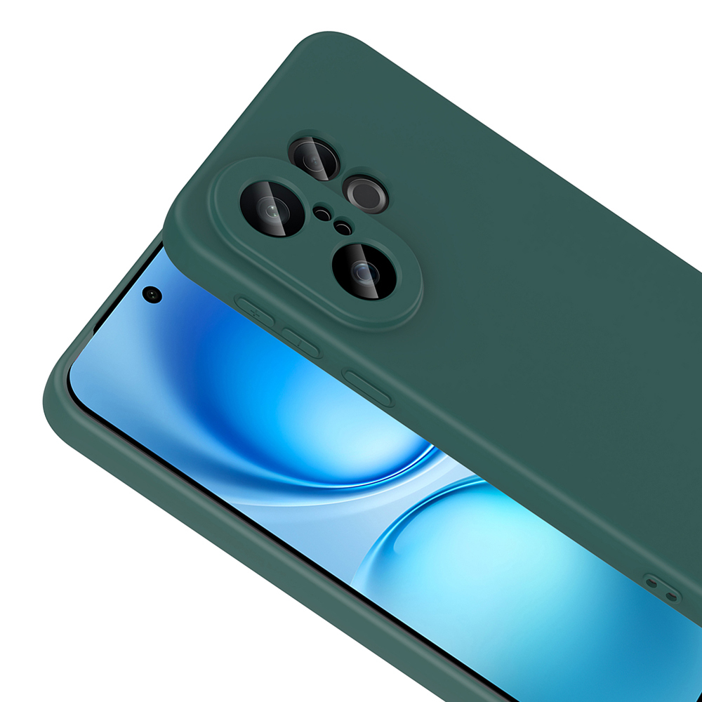 Koyu yeşil bir telefon kılıfı kısmen bir telefonu kaplar. Telefon ekranı mavi bir su tasarımı gösterir. Kılıfın kamera kesimleri vardır.