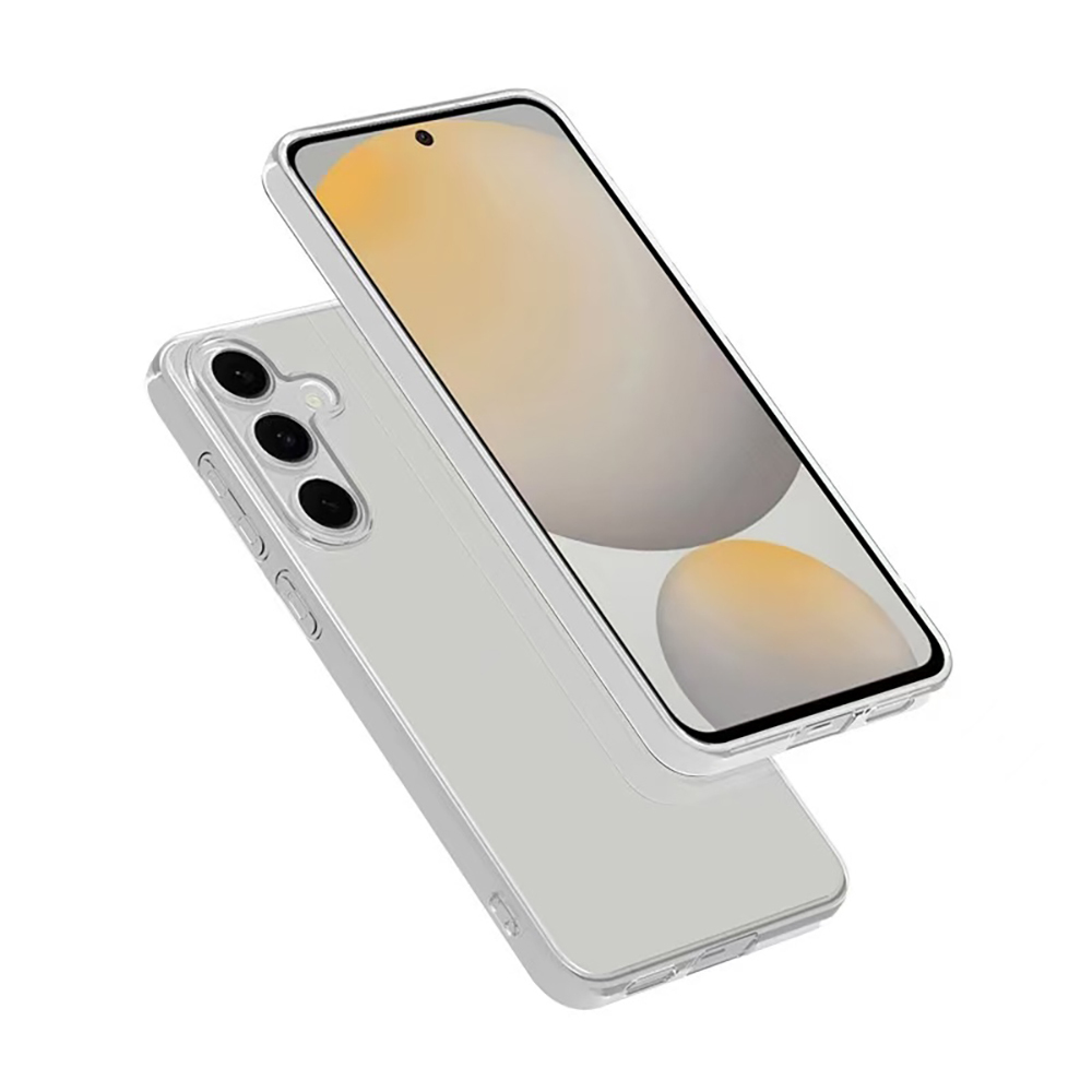 Biri diğerinin biraz üzerinde iki şeffaf telefon kılıfı. Üstteki telefonda açık turuncu bir arka planı olan bir ekran görülüyor.
