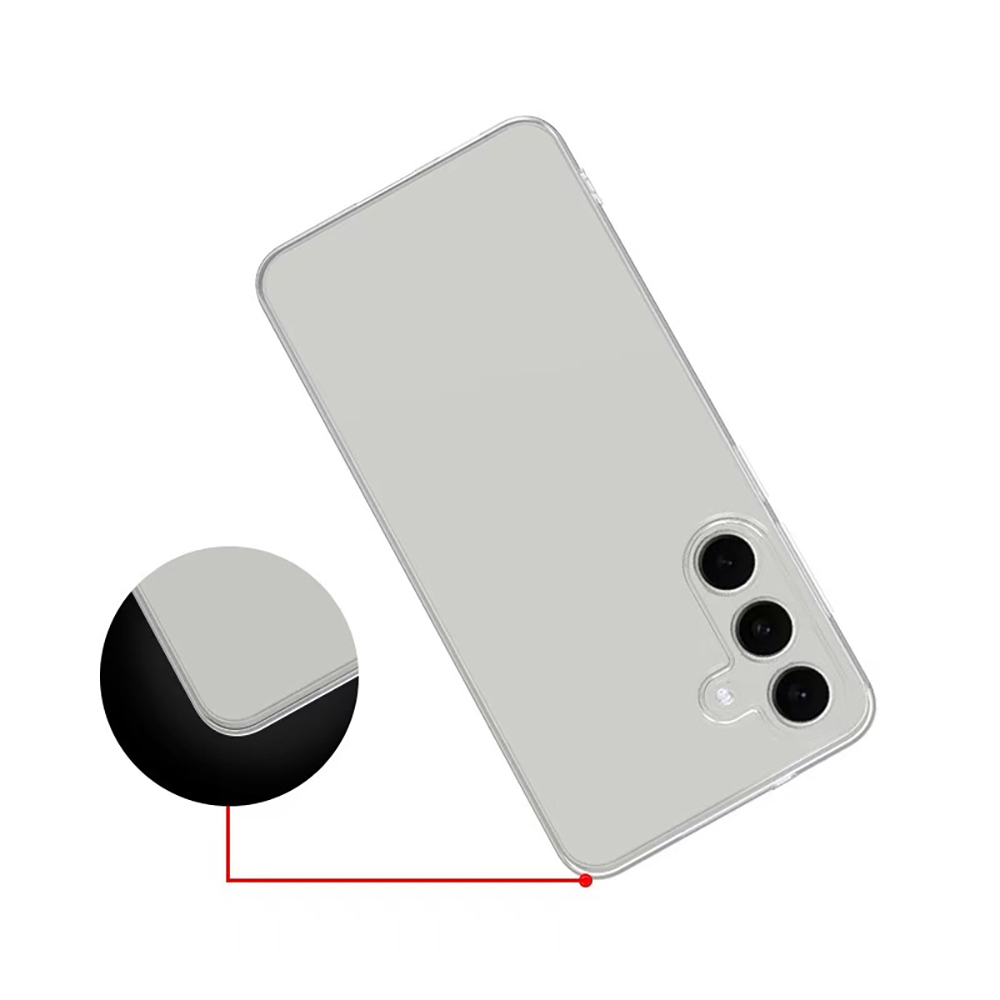 Şeffaf bir telefon kılıfı çapraz duruyor. Üç kamerası ve bir flaşı var. Büyütülmüş bir köşe, kırmızı bir çizgi ile bağlanan detayları gösteriyor.