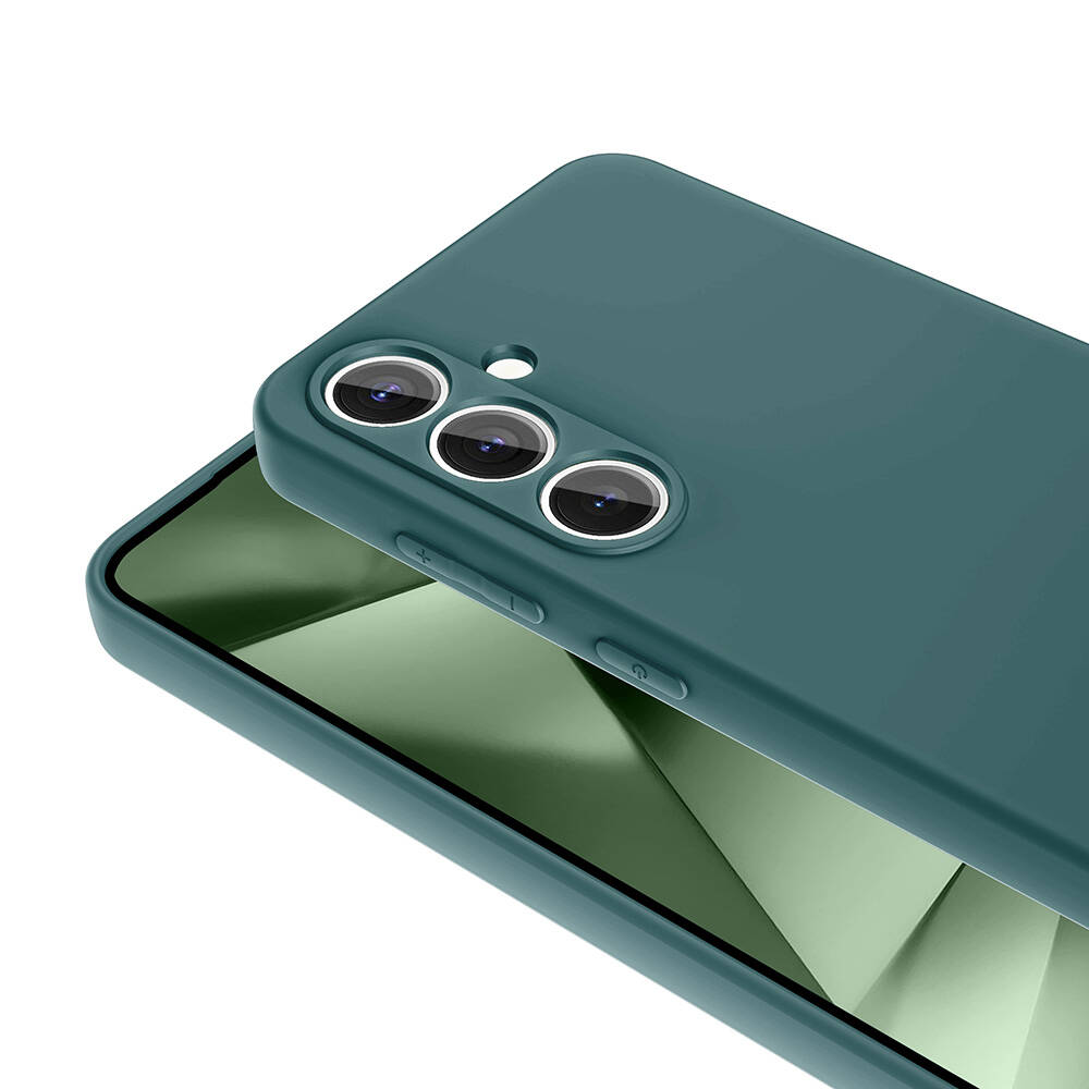 Üç kamera lensli, teal bir telefon kılıfı. Telefon ekranı yeşil. Kılıfta ses ve güç düğmeleri var.